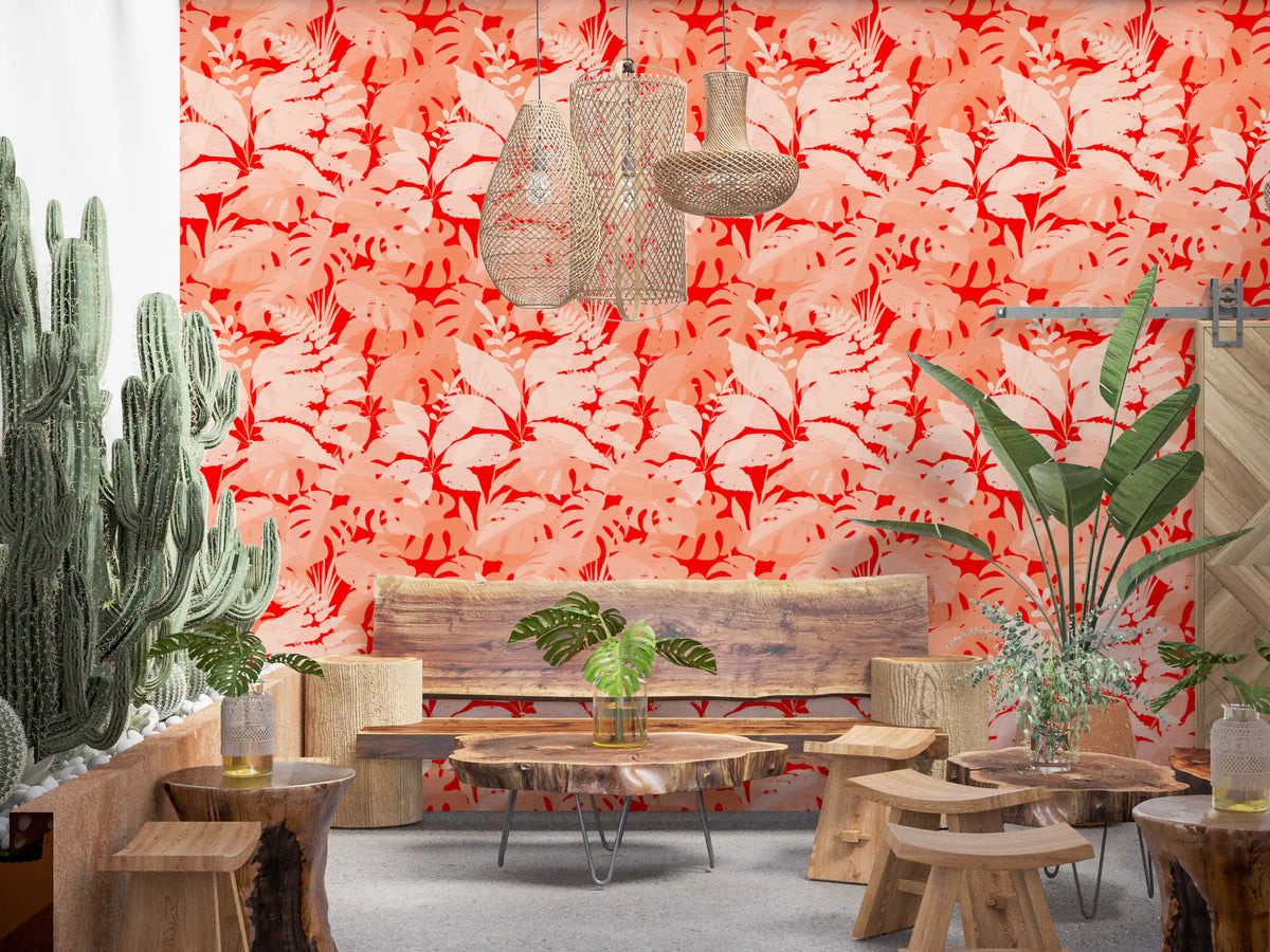 Fiery Coral Tropical Foliage Wallpaper⁠