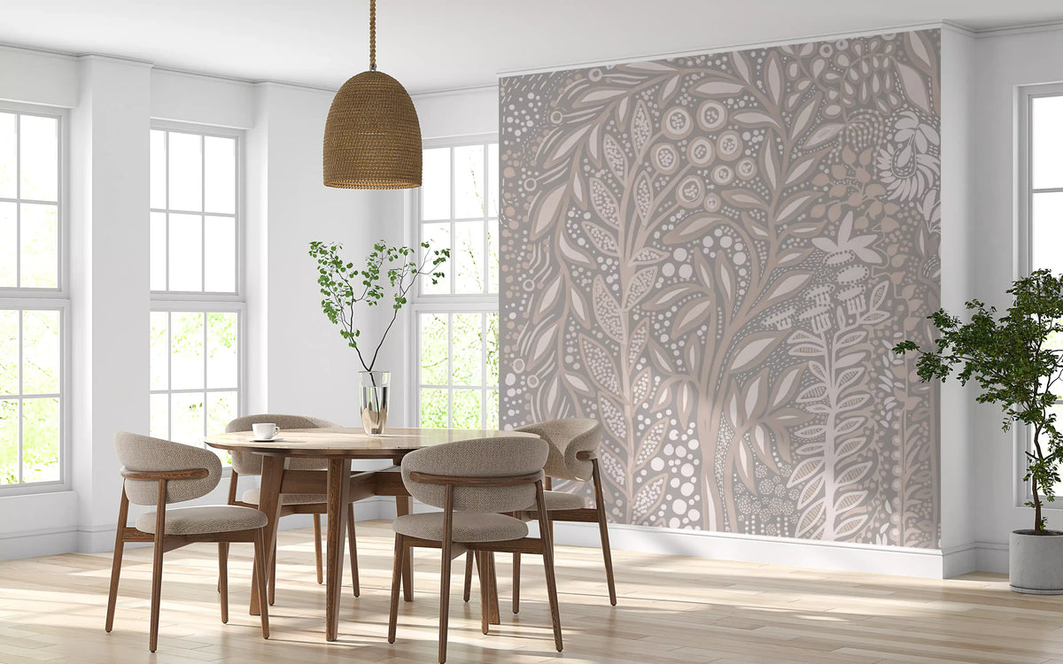 Abstract Cream and Grey Foliage Wall Mural