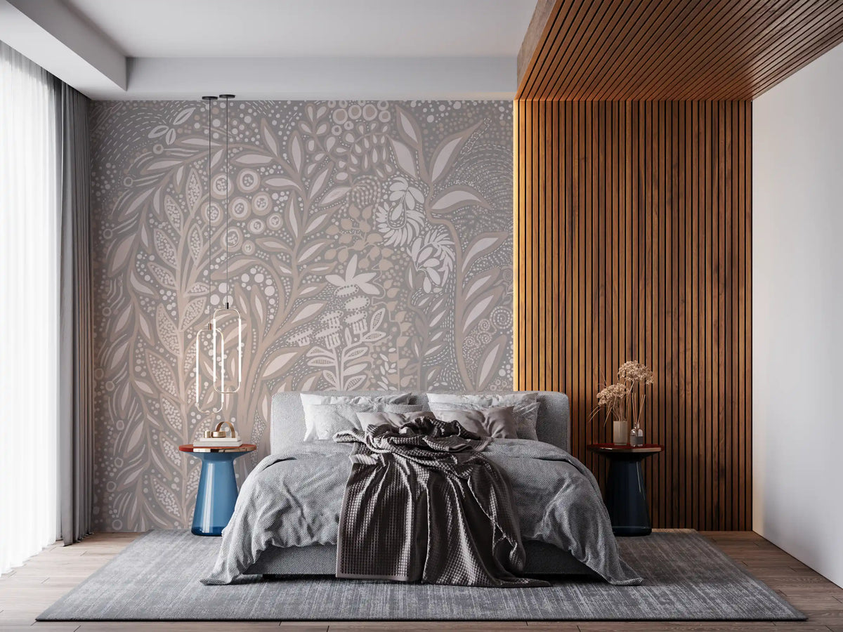 Abstract Cream and Grey Foliage Wall Mural