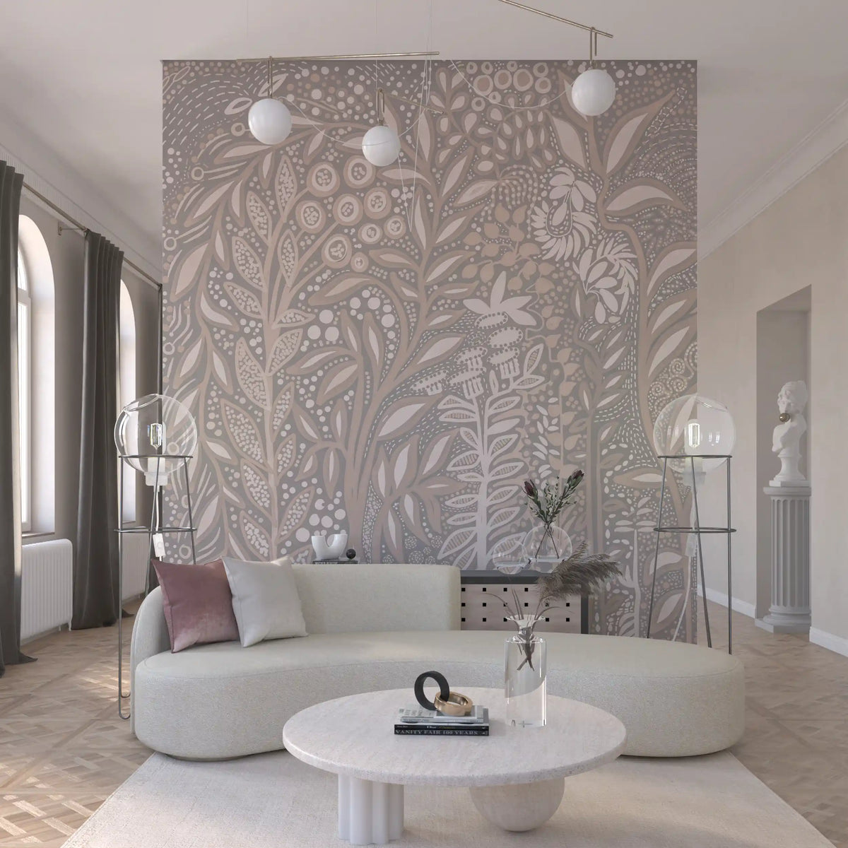 Abstract Cream and Grey Foliage Wall Mural