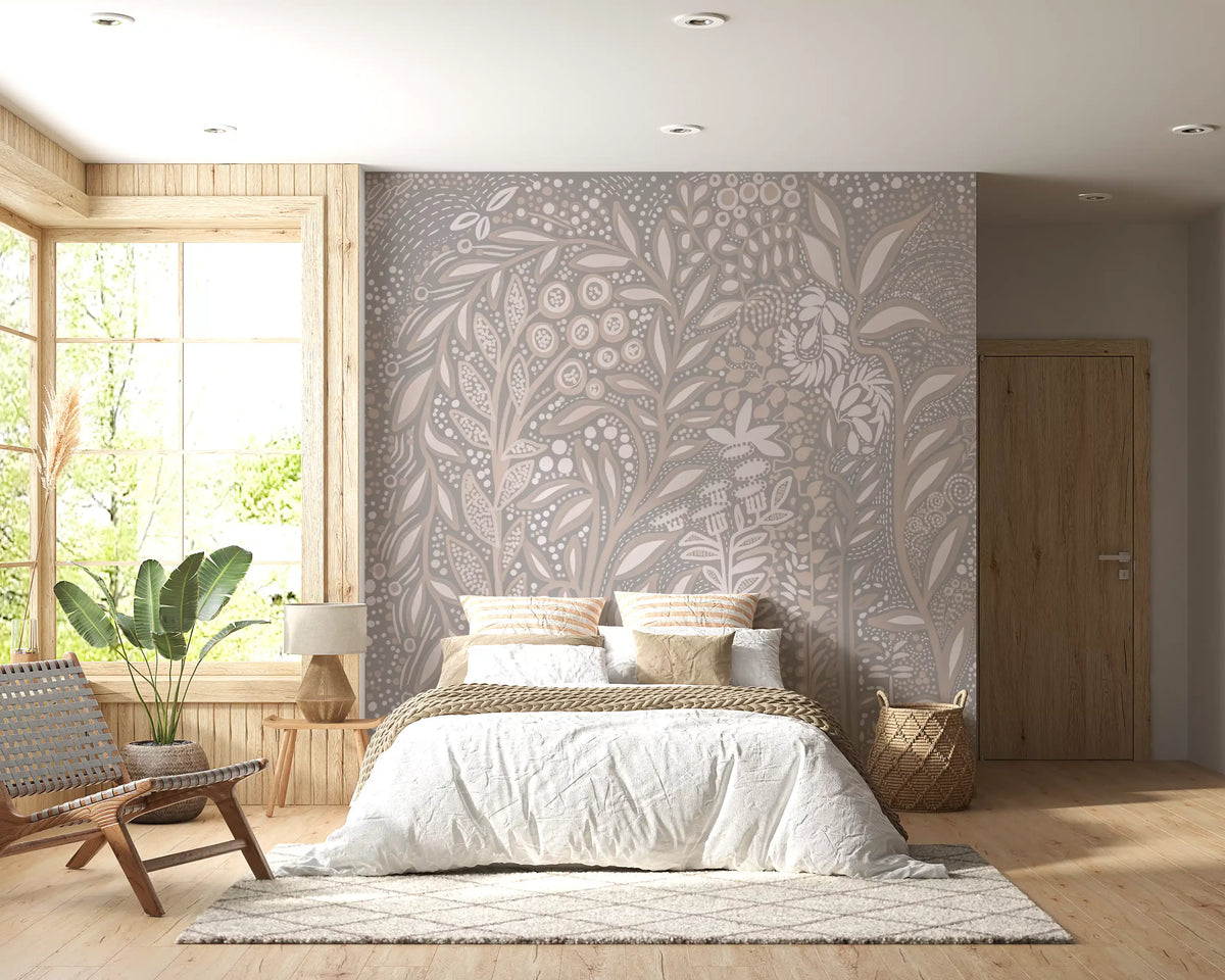 Abstract Cream and Grey Foliage Wall Mural