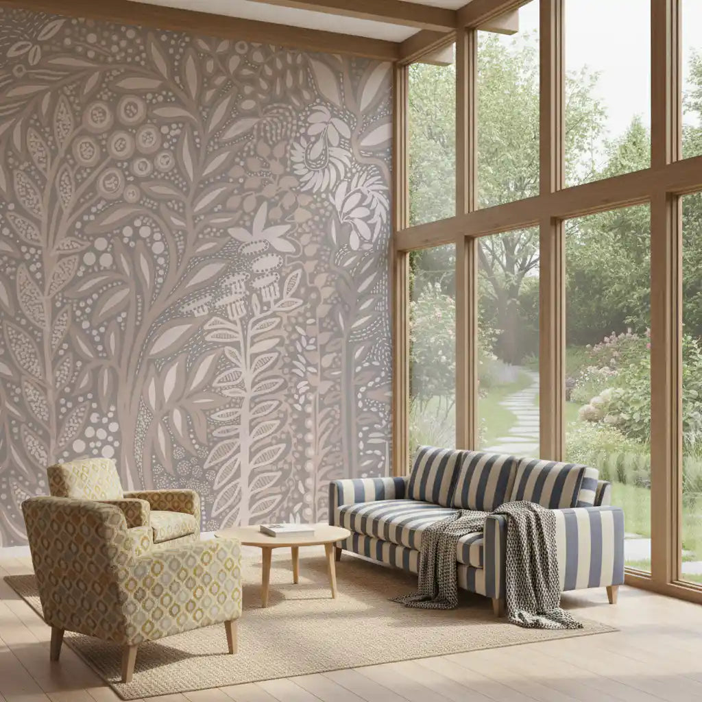 Abstract Cream and Grey Foliage Wall Mural