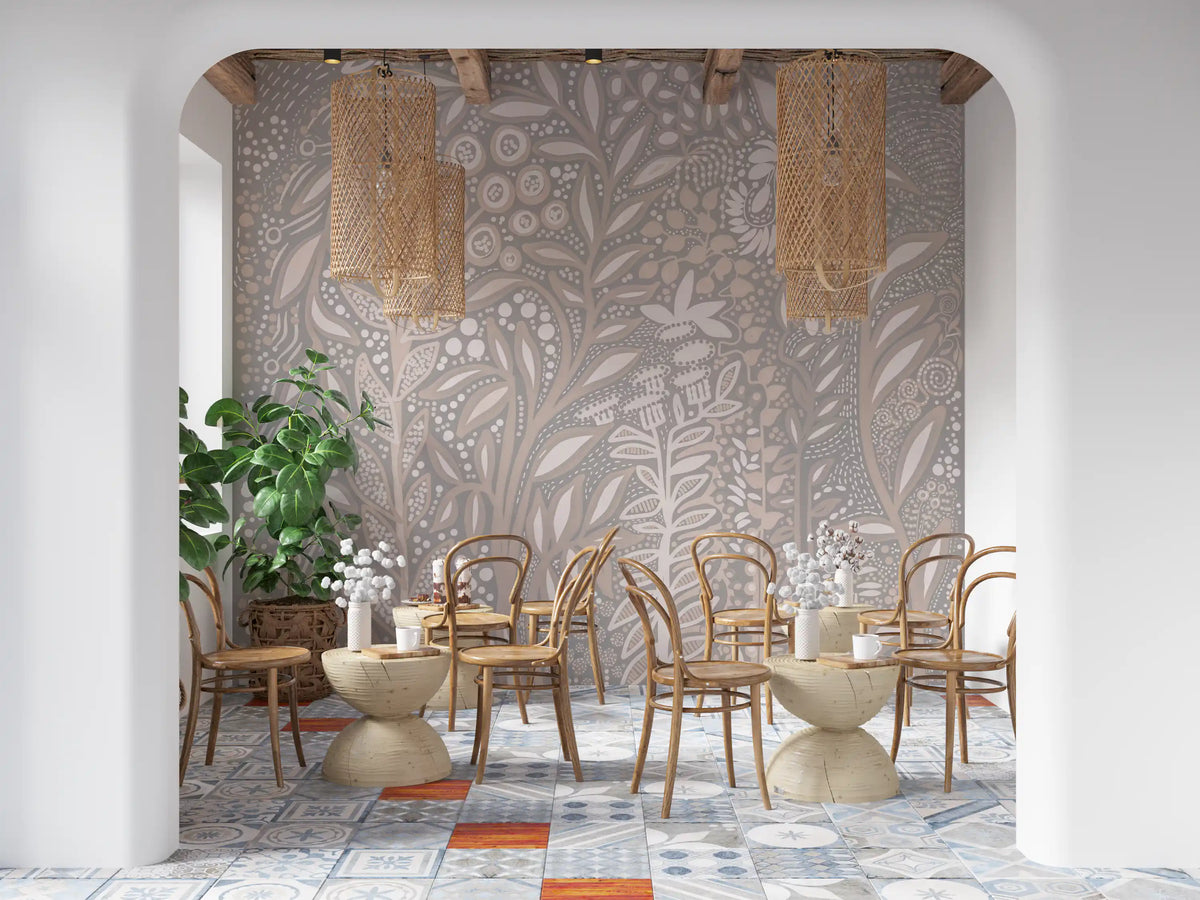 Abstract Cream and Grey Foliage Wall Mural