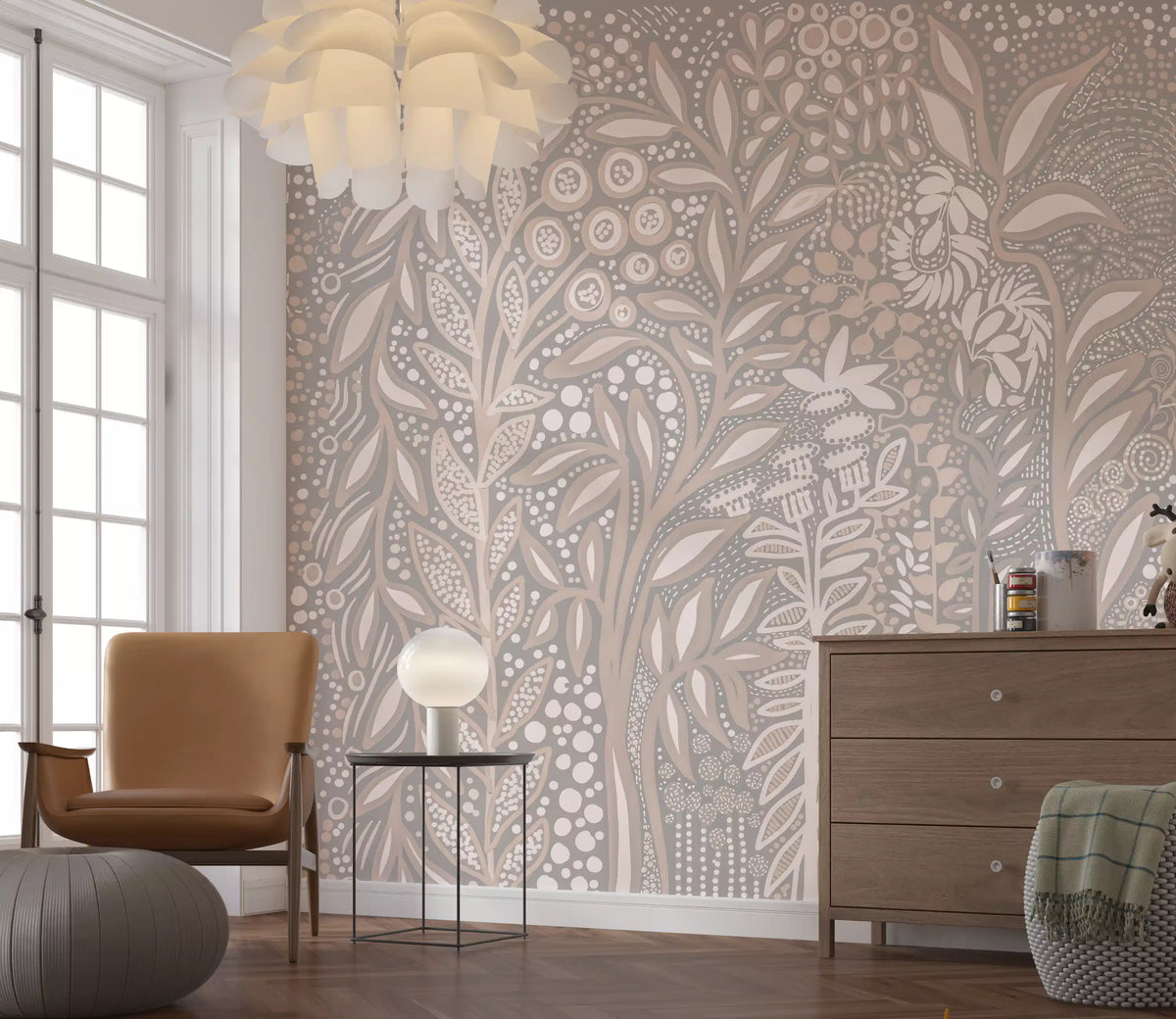 Abstract Cream and Grey Foliage Wall Mural