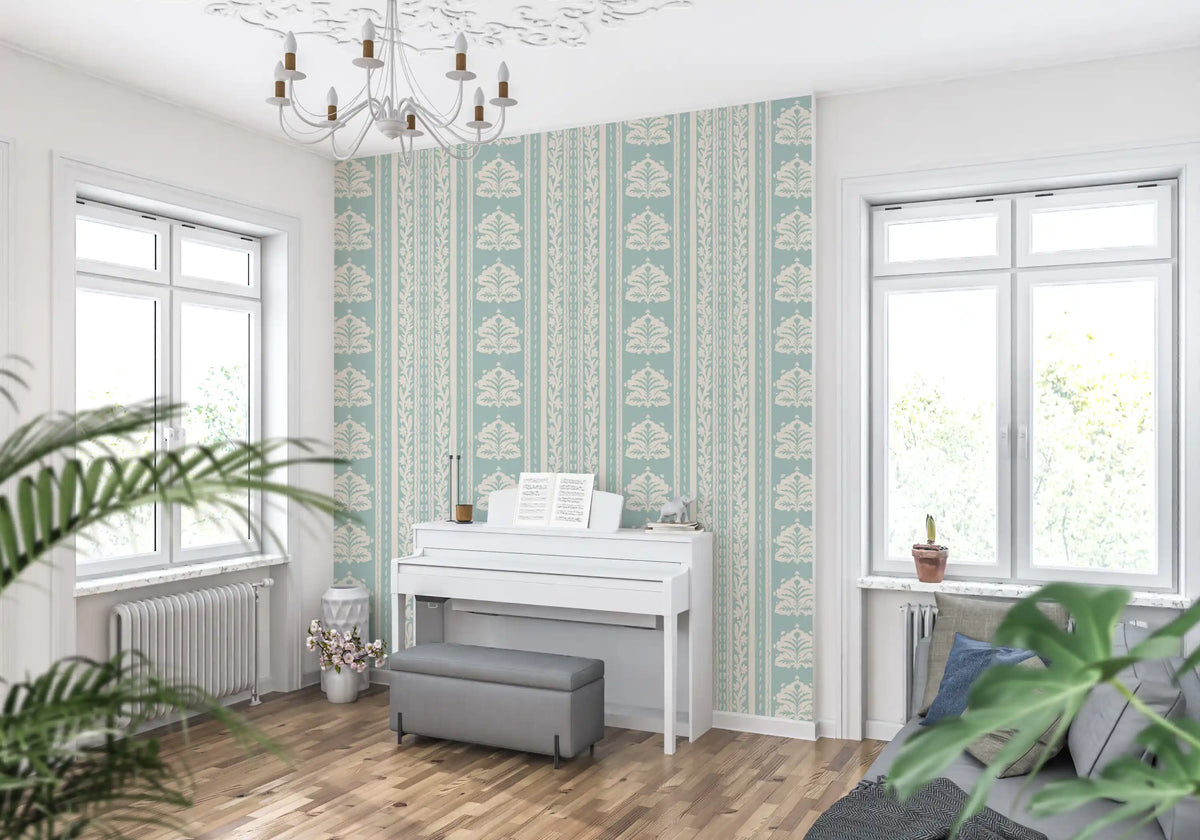 Minimalist Botanical Stripe in Blue Wallpaper⁠
