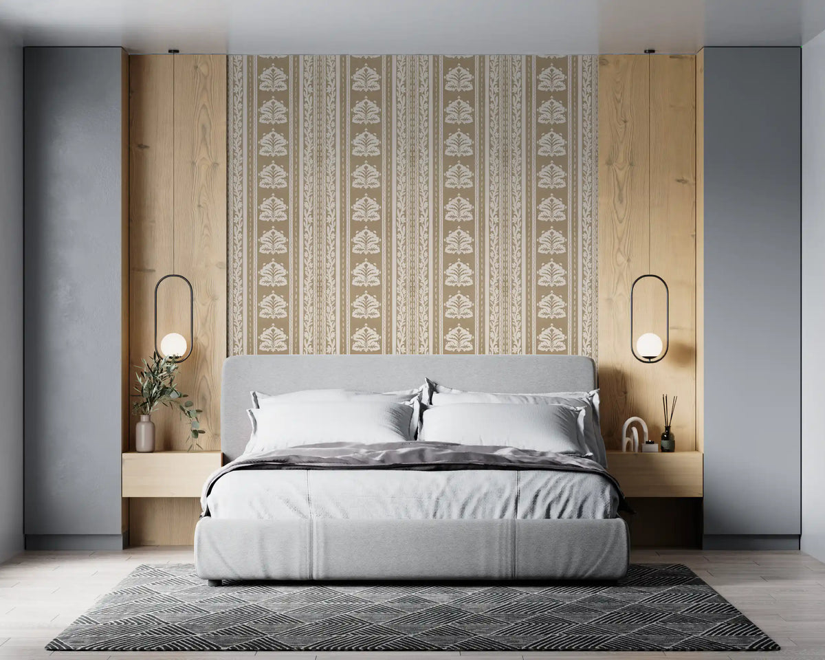 Cream and Taupe Botanical Stripe Wallpaper⁠