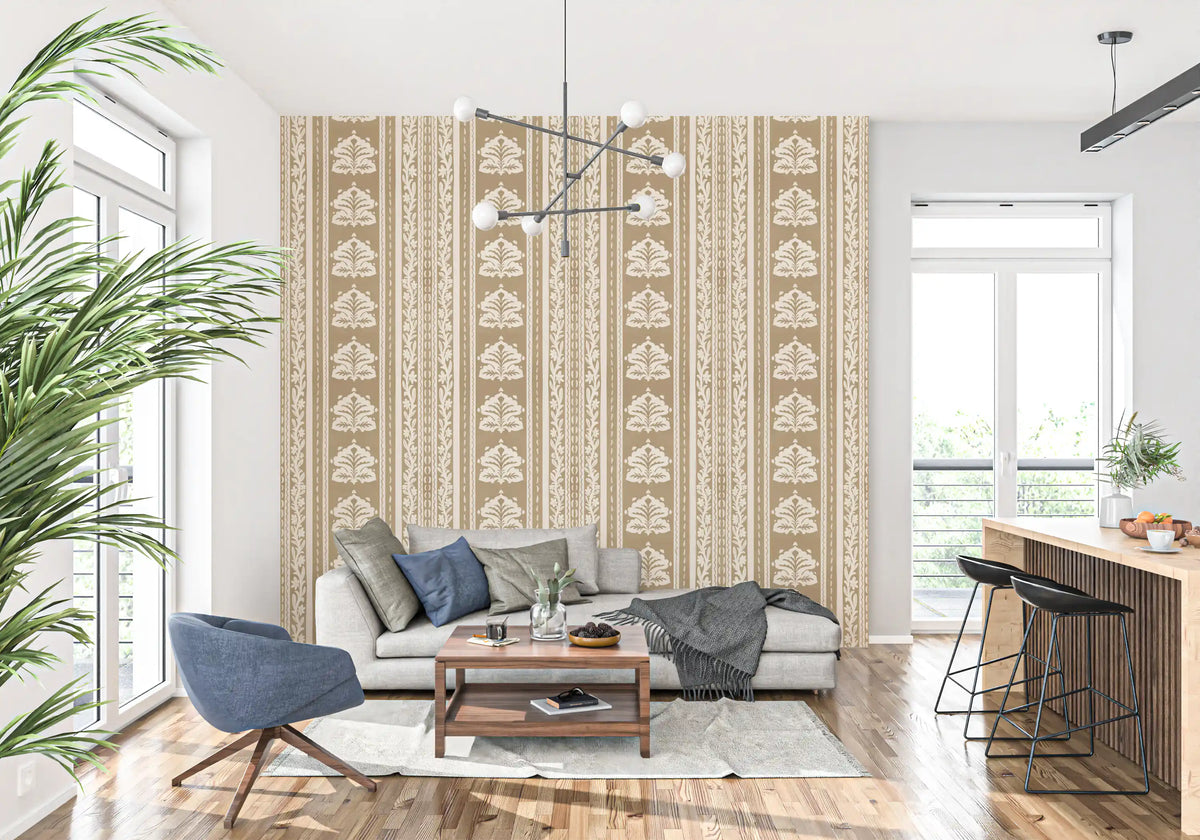 Cream and Taupe Botanical Stripe Wallpaper⁠