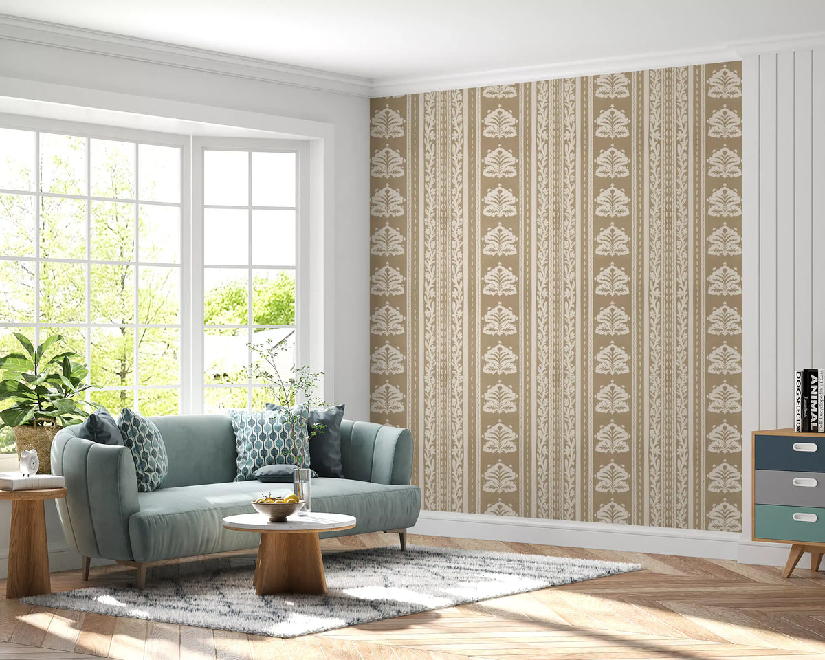 Cream and Taupe Botanical Stripe Wallpaper⁠