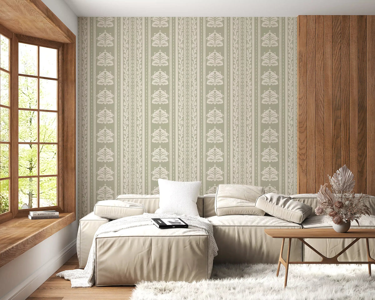 Cream and Sage Botanical Stripe Wallpaper⁠