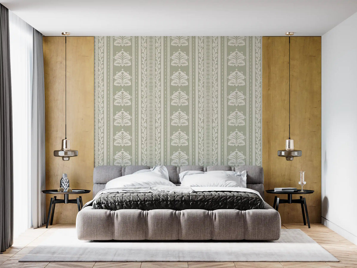 Cream and Sage Botanical Stripe Wallpaper⁠