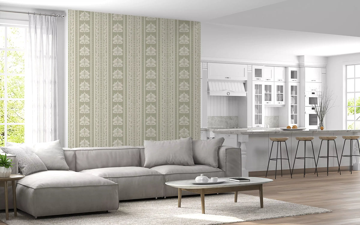 Cream and Sage Botanical Stripe Wallpaper⁠