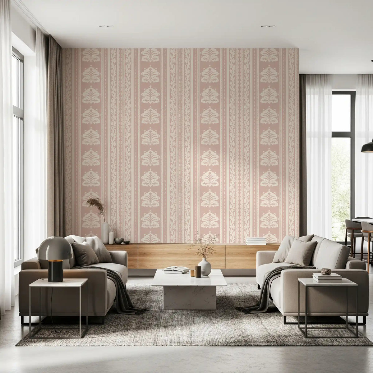 Soft Rose Vertical Floral Damask Wallpaper⁠