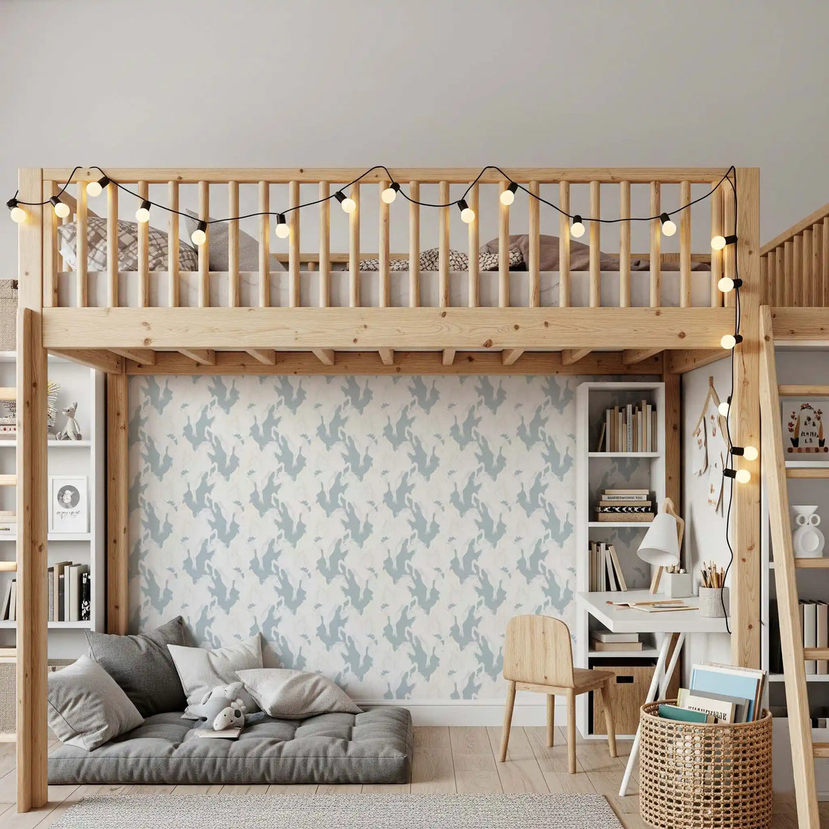 Ethereal Winged Horses on Soft Blue Wallpaper⁠