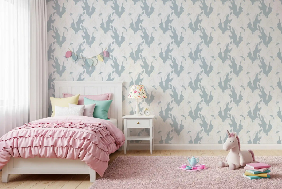 Ethereal Winged Horses on Soft Blue Wallpaper⁠