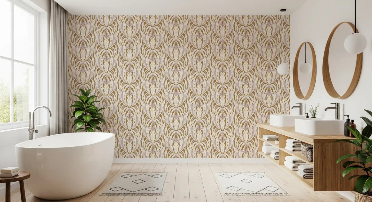 Symmetrical Ochre and Cream Foliage Wallpaper⁠