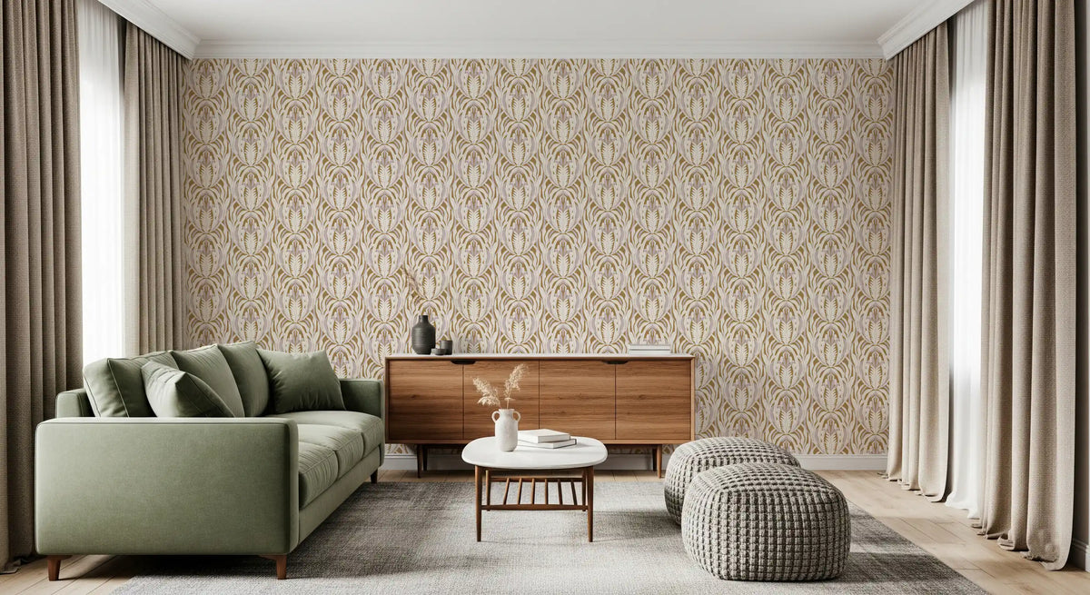 Symmetrical Ochre and Cream Foliage Wallpaper⁠