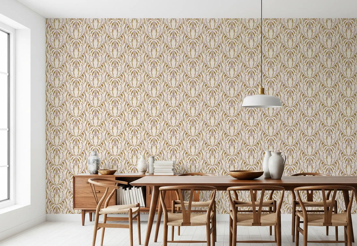 Symmetrical Ochre and Cream Foliage Wallpaper⁠