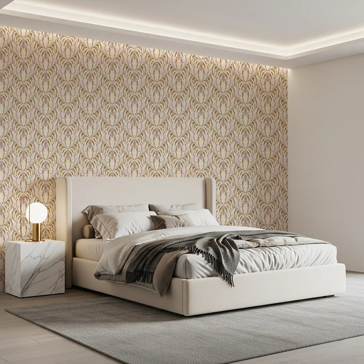 Symmetrical Ochre and Cream Foliage Wallpaper⁠