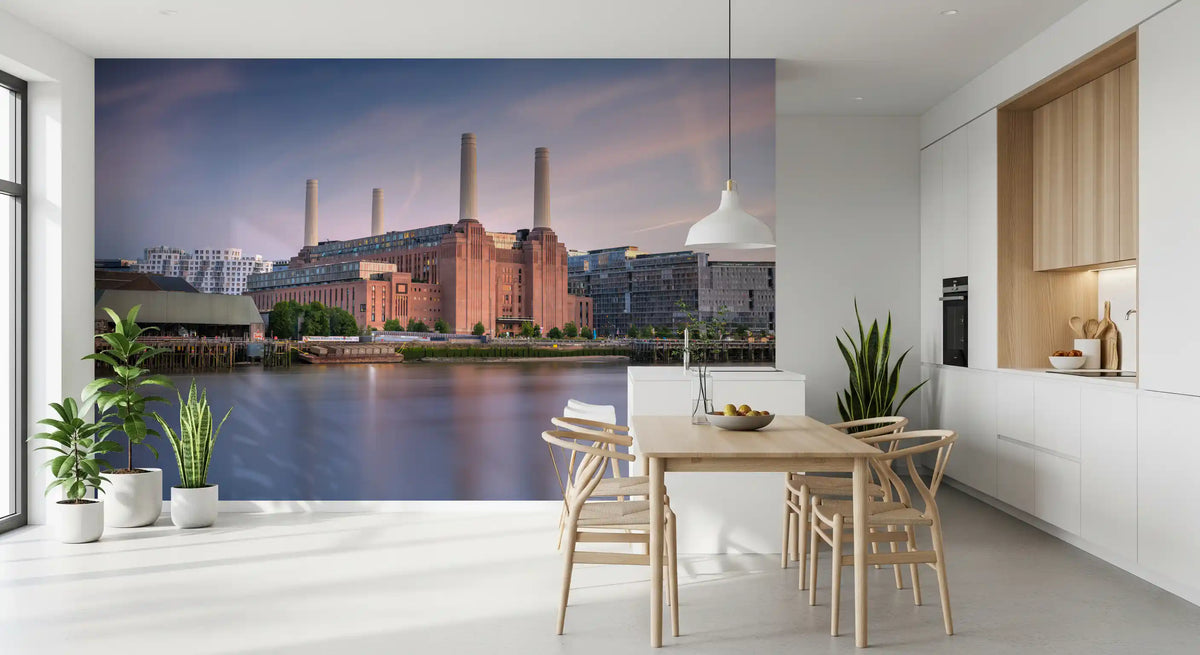Industrial Riverside Sunset Scene Wall Mural