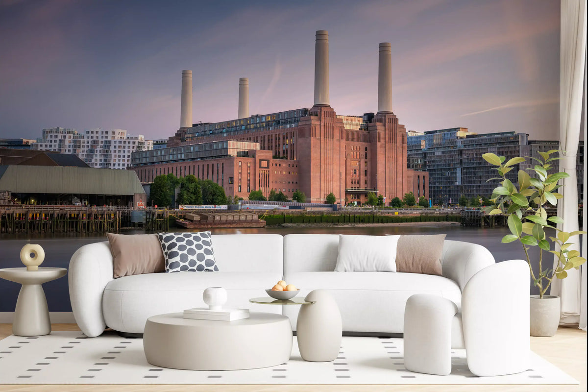 Industrial Riverside Sunset Scene Wall Mural