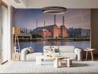 Industrial Riverside Sunset Scene Wall Mural