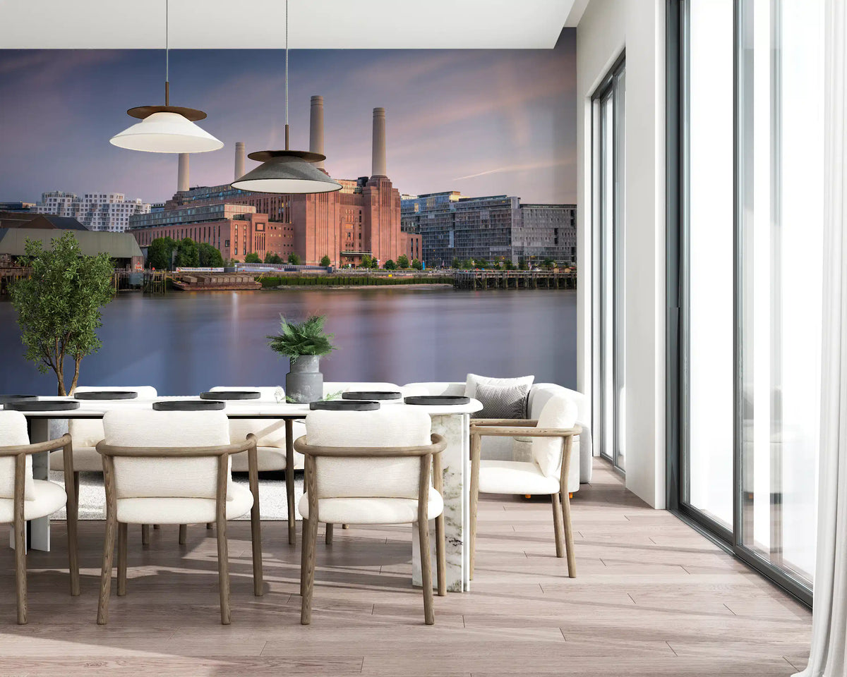 Industrial Riverside Sunset Scene Wall Mural