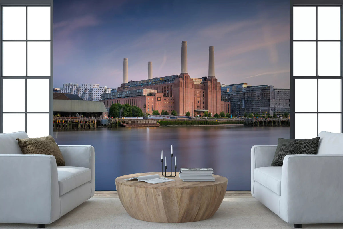 Industrial Riverside Sunset Scene Wall Mural