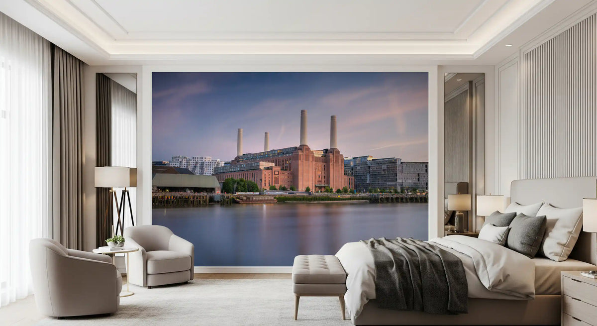Industrial Riverside Sunset Scene Wall Mural