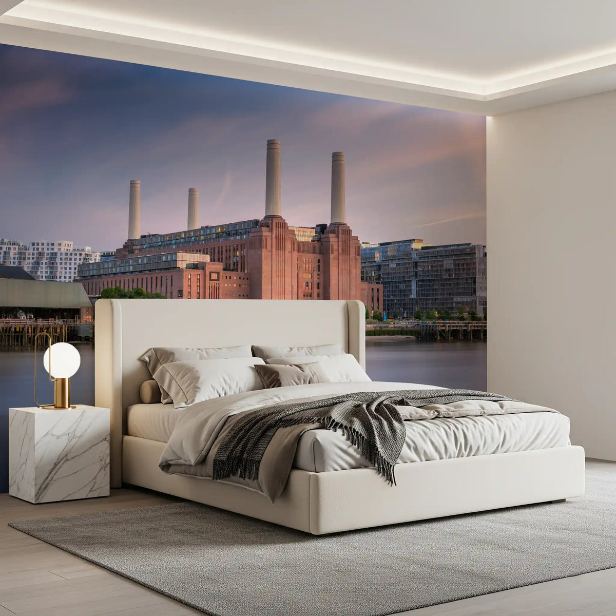 Industrial Riverside Sunset Scene Wall Mural