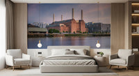Industrial Riverside Sunset Scene Wall Mural