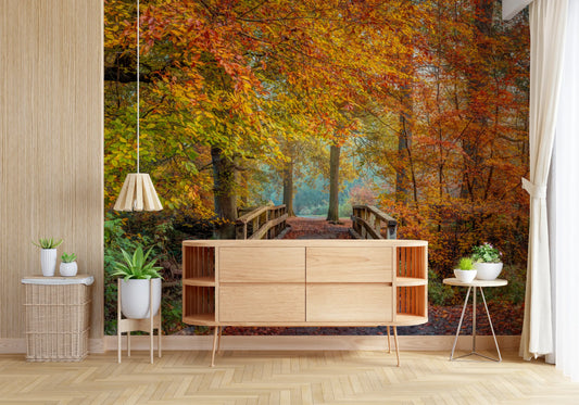 Misty Woodland Bridge Walkway Wall Mural
