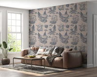 Mushroom - Autumnal Toile de jouy - Blue  Wallpaper⁠
