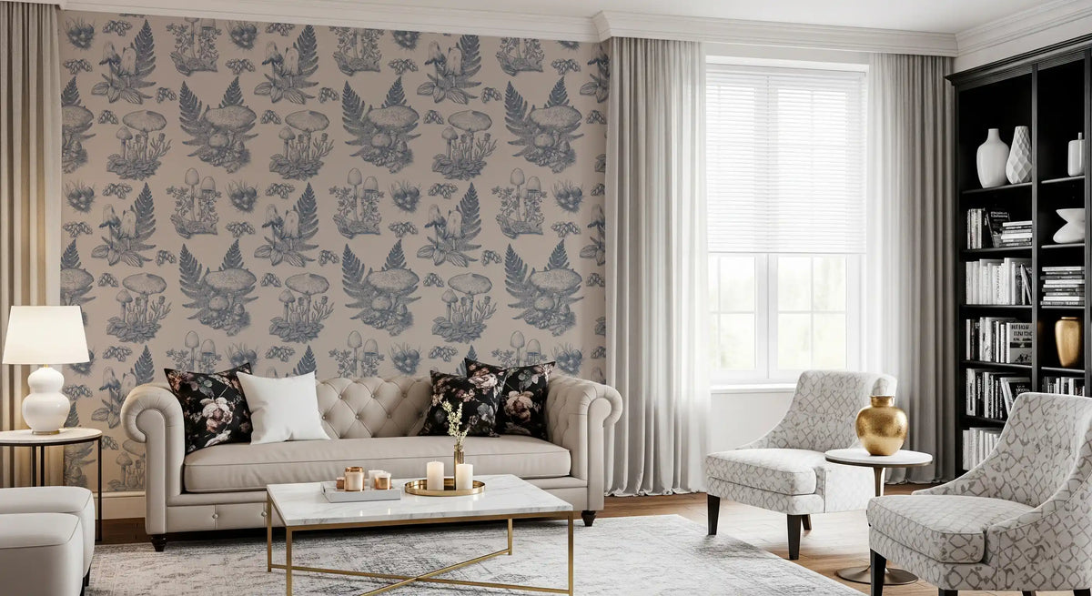 Mushroom - Autumnal Toile de jouy - Blue  Wallpaper⁠