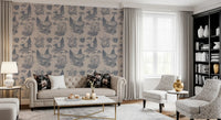 Mushroom - Autumnal Toile de jouy - Blue  Wallpaper⁠