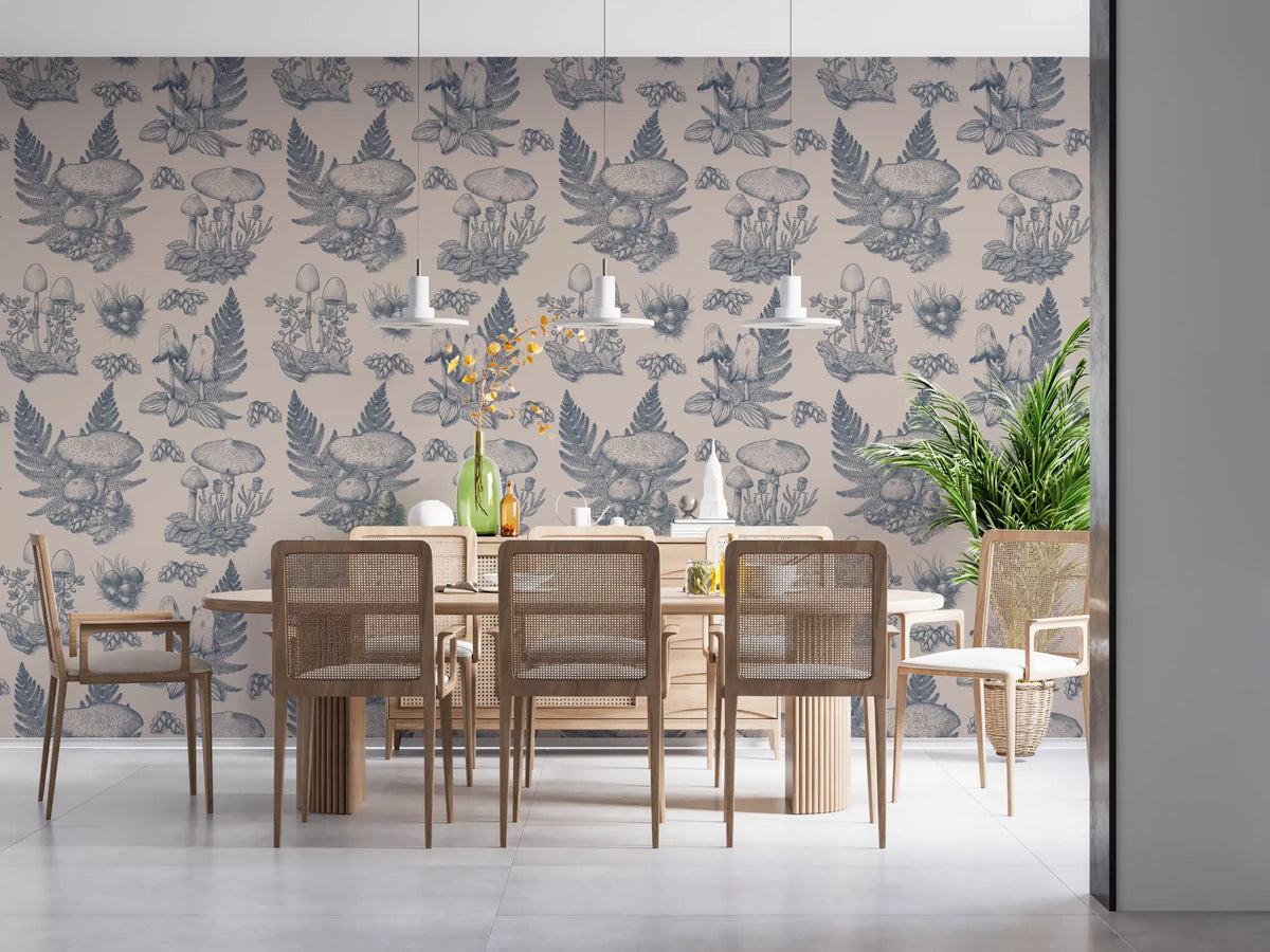 Mushroom - Autumnal Toile de jouy - Blue  Wallpaper⁠