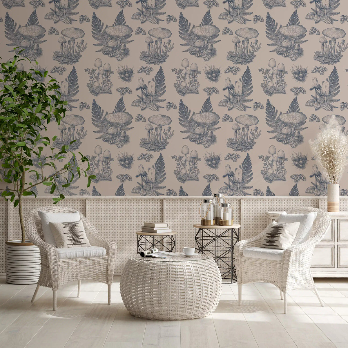 Mushroom - Autumnal Toile de jouy - Blue  Wallpaper⁠