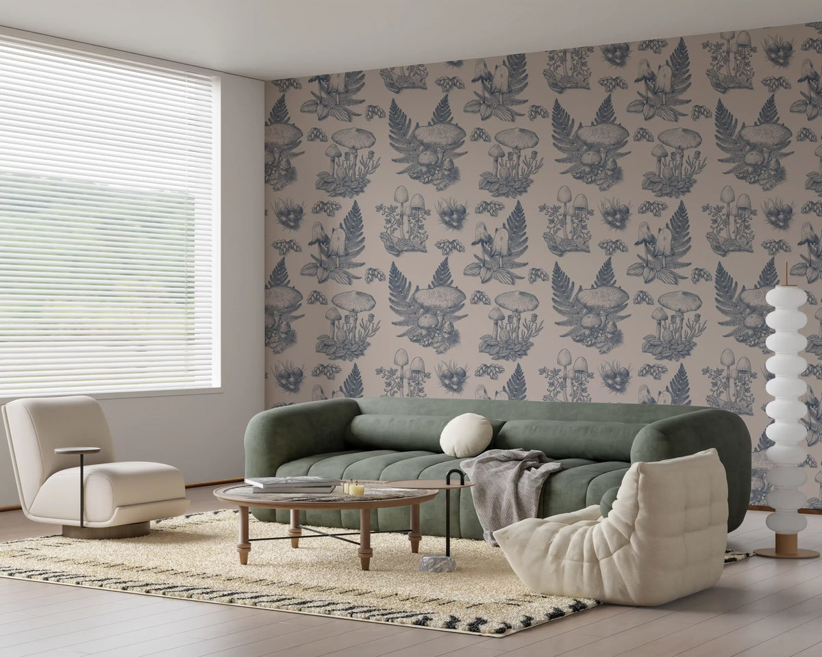 Mushroom - Autumnal Toile de jouy - Blue  Wallpaper⁠