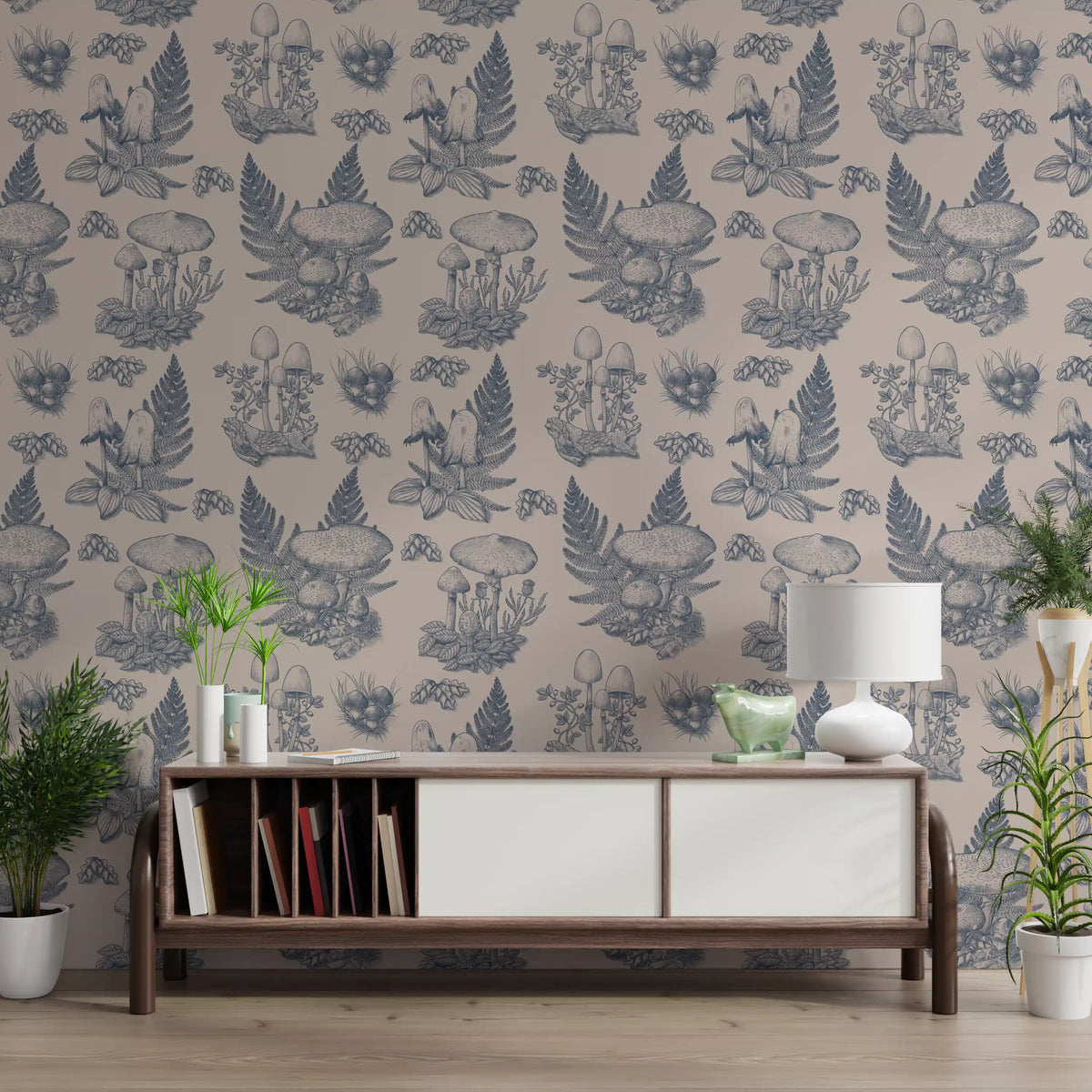 Mushroom - Autumnal Toile de jouy - Blue  Wallpaper⁠