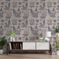 Mushroom - Autumnal Toile de jouy - Blue  Wallpaper⁠