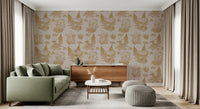 Mushroom - Autumnal Toile de jouy -  Gold Wallpaper⁠