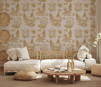 Mushroom - Autumnal Toile de jouy -  Gold Wallpaper⁠