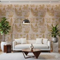 Mushroom - Autumnal Toile de jouy -  Gold Wallpaper⁠