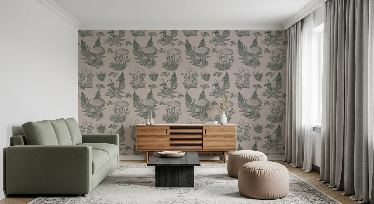 Mushroom - Autumnal Toile de jouy - Green Wallpaper⁠