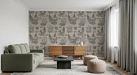 Mushroom - Autumnal Toile de jouy - Green Wallpaper⁠