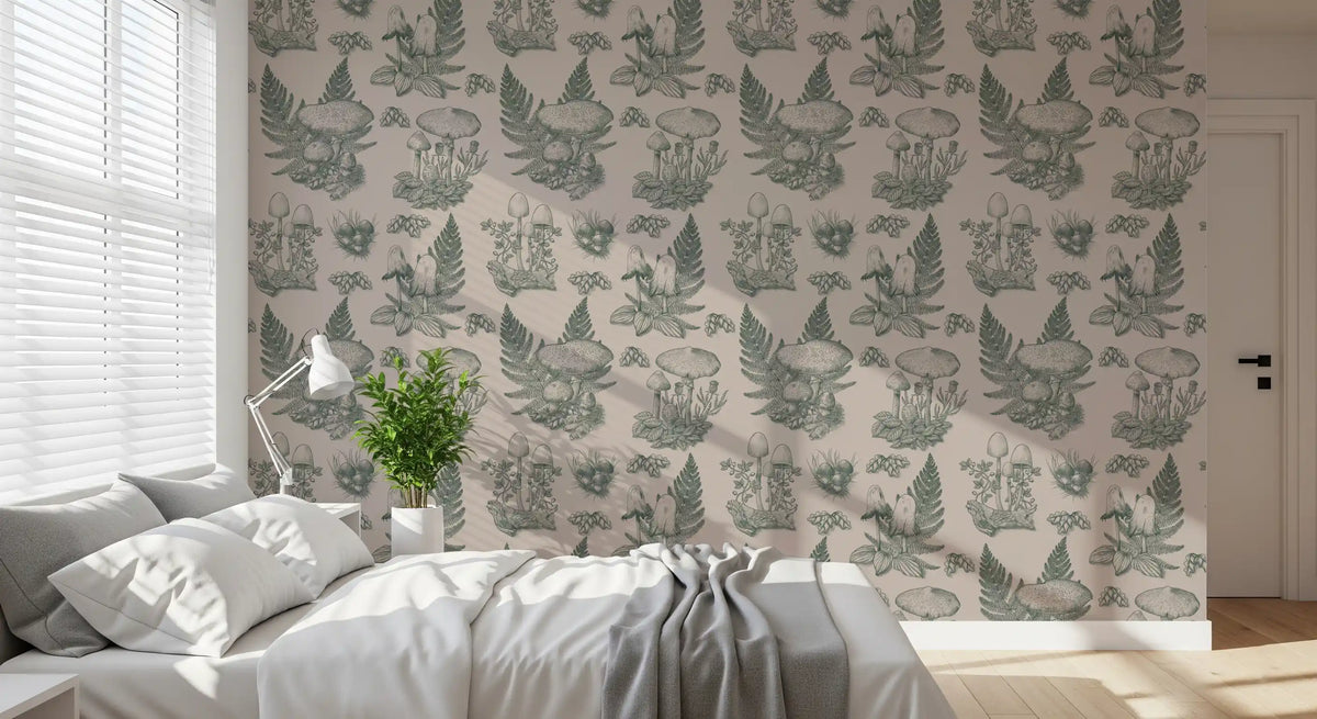 Mushroom - Autumnal Toile de jouy - Green Wallpaper⁠