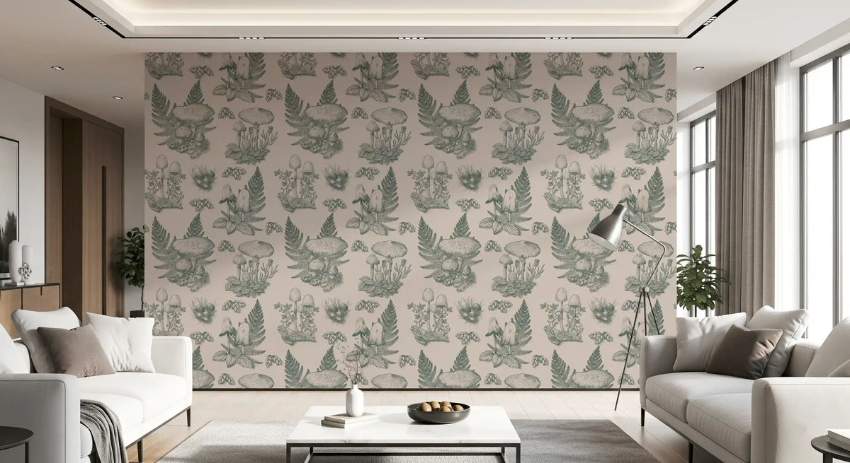 Mushroom - Autumnal Toile de jouy - Green Wallpaper⁠