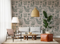 Mushroom - Autumnal Toile de jouy - Green Wallpaper⁠