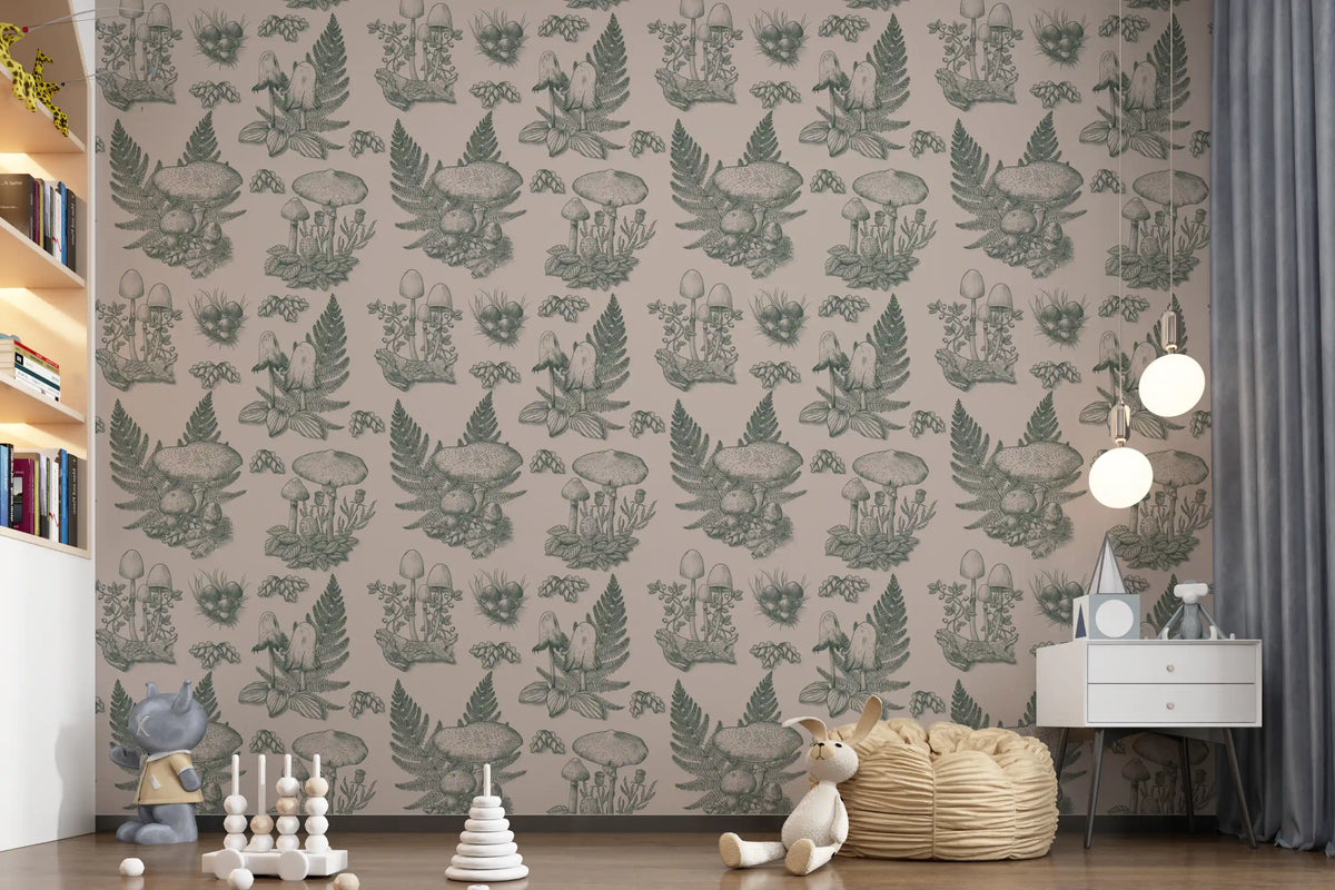 Mushroom - Autumnal Toile de jouy - Green Wallpaper⁠