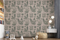 Mushroom - Autumnal Toile de jouy - Green Wallpaper⁠