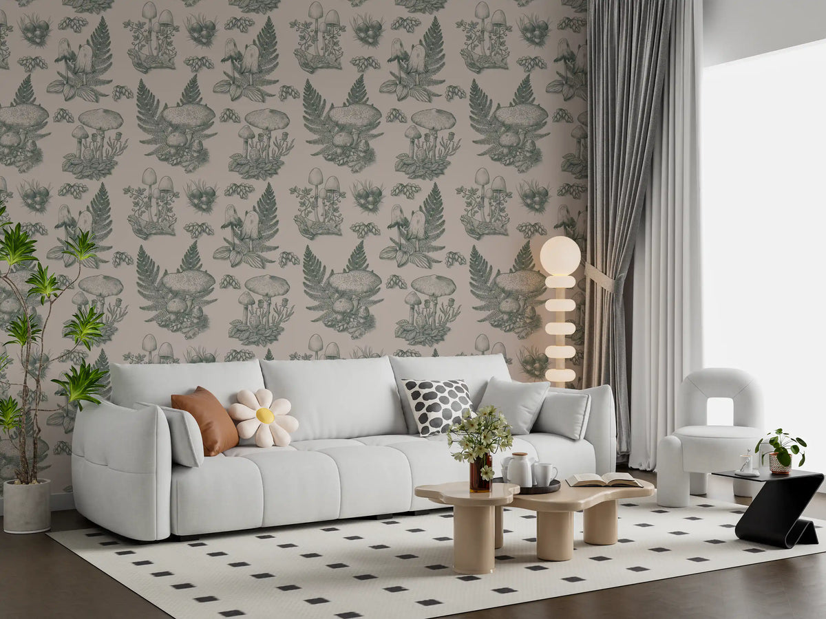 Mushroom - Autumnal Toile de jouy - Green Wallpaper⁠